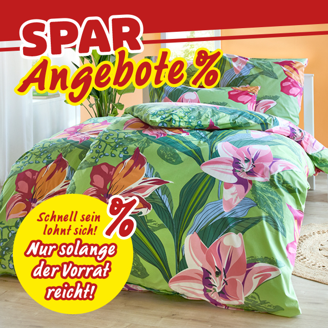 Bettwäsche mit Blumenmuster und Hinweis auf Sparangebote