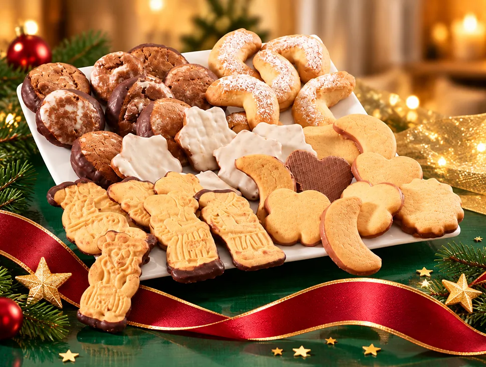 Weihnachtsgebäck mit Plätzchen, Lebkuchen, Sternen und Vanillekipferln