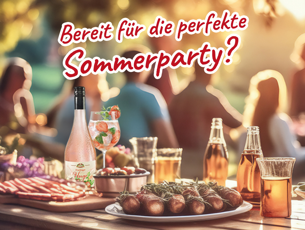 Sommerlich gedeckter Tisch mit Grillgut, Getränken und Gemüse im Garten