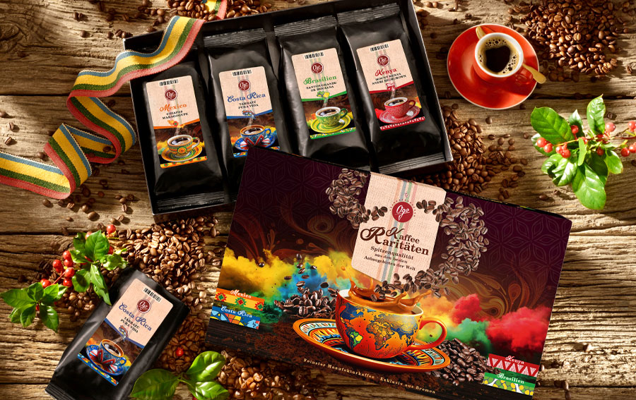Geschenkbox mit Ogo Kaffee-Raritäten und Probierpackungen
