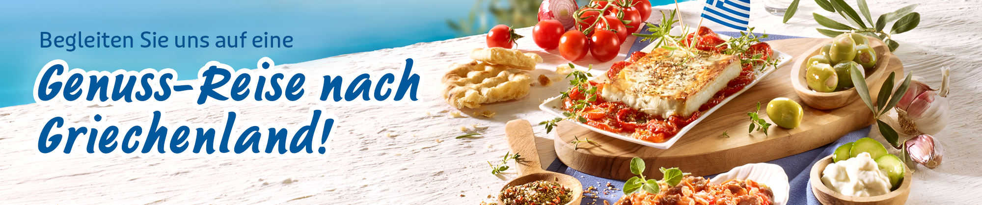 Griechische Spezialitäten mit Tomaten, Feta, Oliven und Fladenbrot