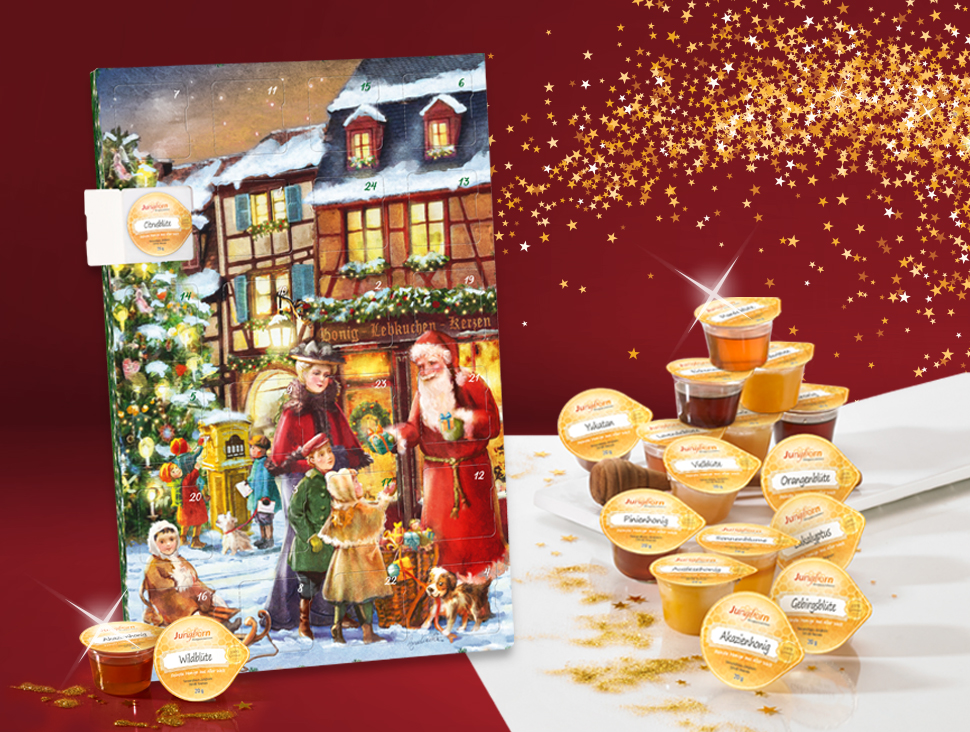 Adventskalender mit Honigportionen und Weihnachtsmotiv