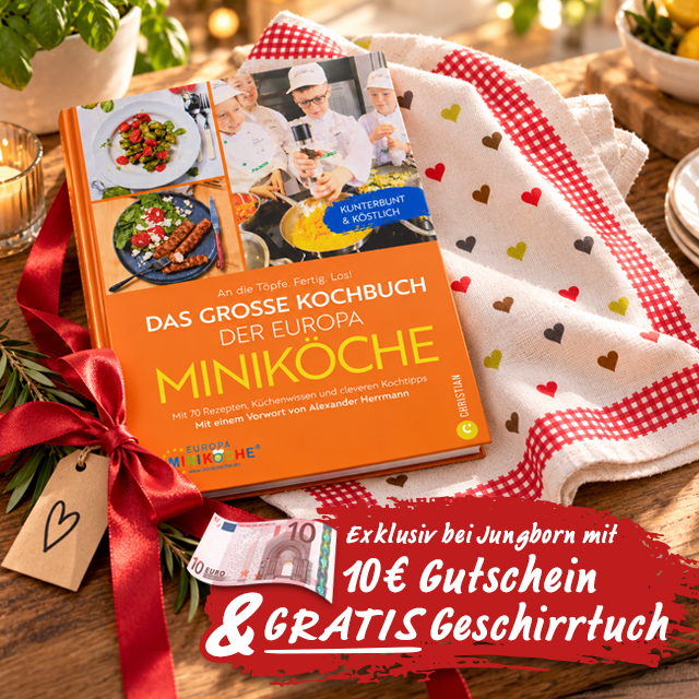 Europa Miniköche Kochbuch mit 10-Euro-Gutschein und Gratis-Geschirrtuch