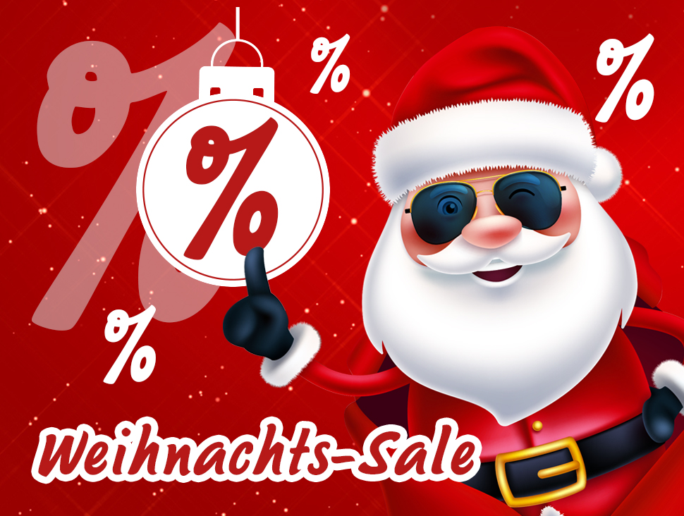 Weihnachts-Sale mit Rabatten und Weihnachtsmann auf rotem Hintergrund