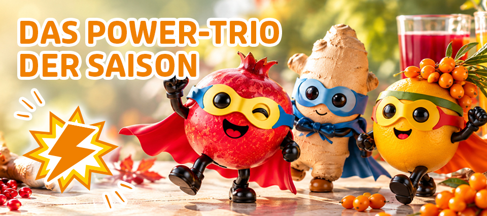 Granatapfel, Ingwer und Orange als Superhelden – das Power-Trio der Saison