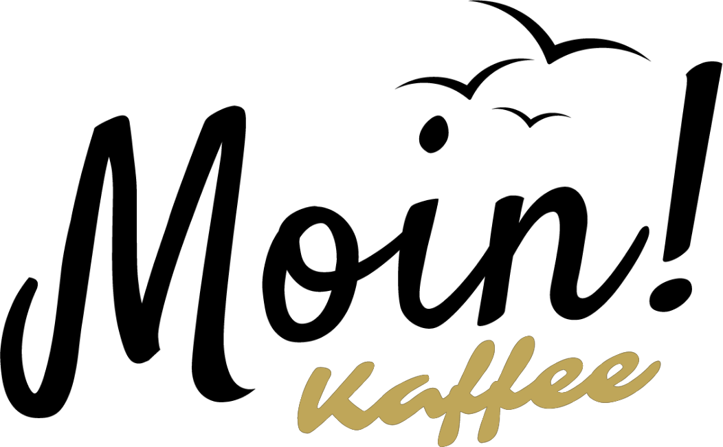 Moin Kaffee-Logo mit eleganter Schrift in Schwarz und Gold