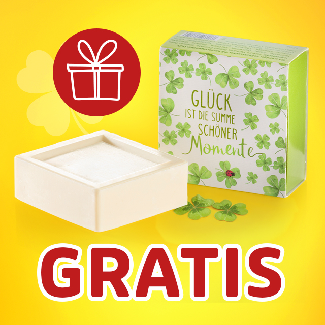Gratis-Seife mit Kleeblattmotiv und Spruch „Glück ist die Summe schöner Momente“