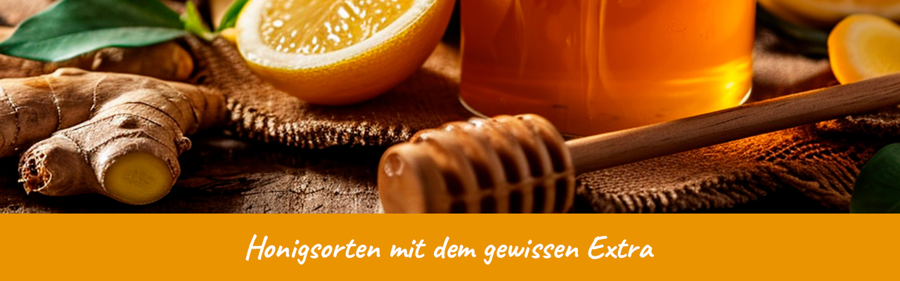 Honigglas mit Honiglöffel, Ingwer und Zitrone auf rustikalem Untergrund.