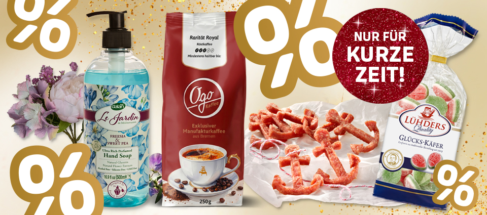 Jubiläumsangebote mit Seife, Kaffee und Süßwaren