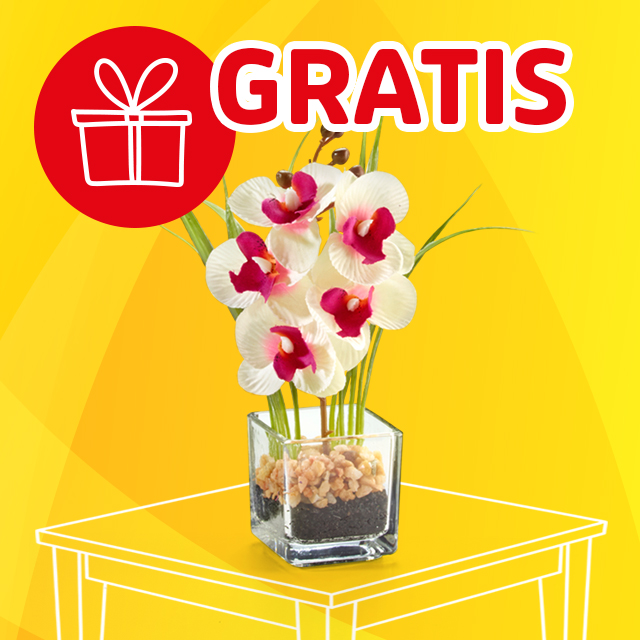 Orchideen-Deko in Glasvase auf gelbem Hintergrund mit Gratis-Symbol