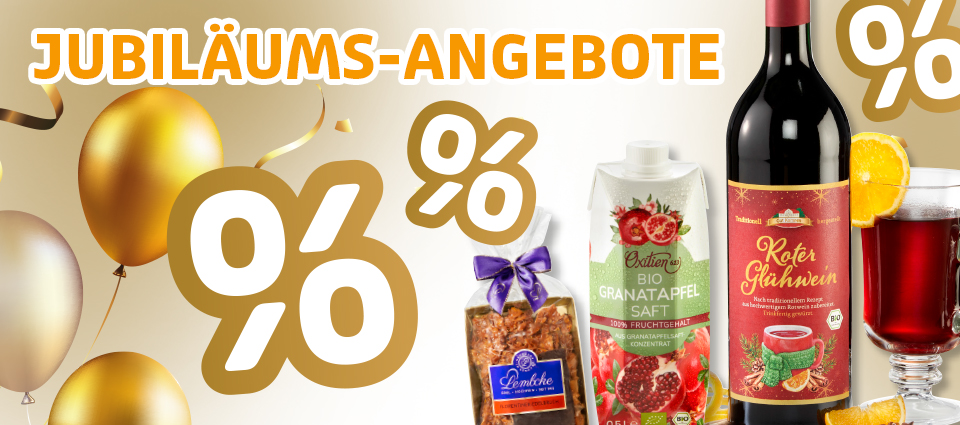 Jubiläumsangebote mit Lebensmitteln und Prozent-Rabatten