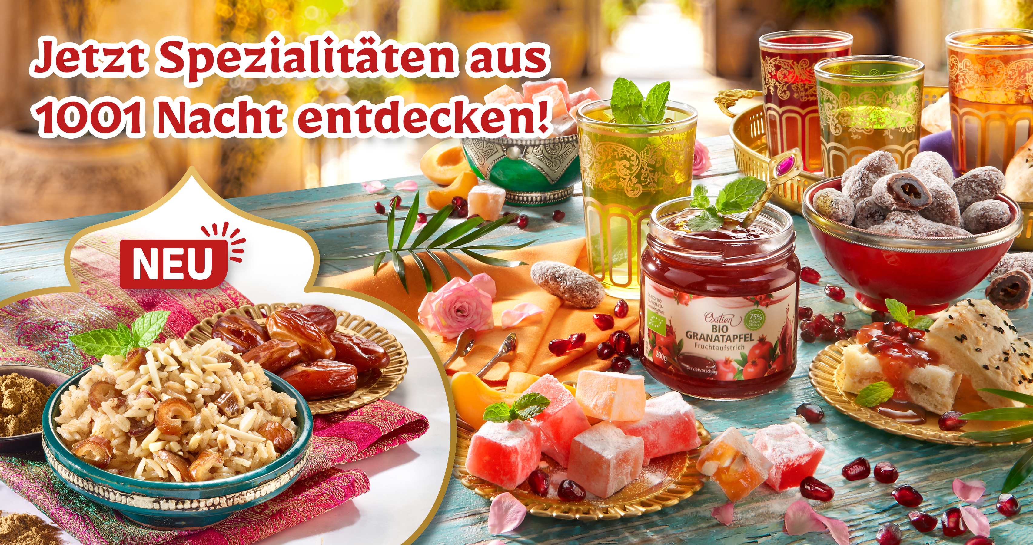Spezialitäten aus 1001 Nacht mit Granatapfel, Datteln und Gebäck