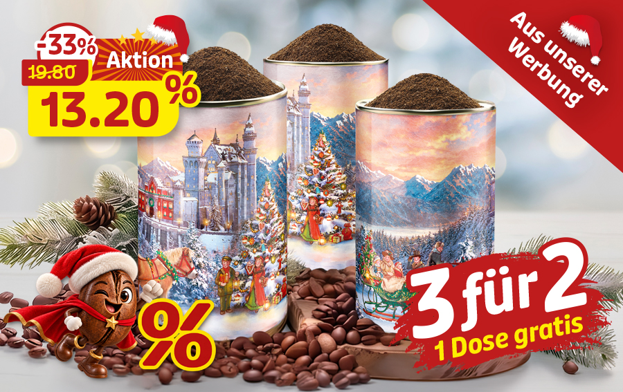 Drei Weihnachts-Kaffeedosen im 3-für-2-Angebot für 13,20 Euro