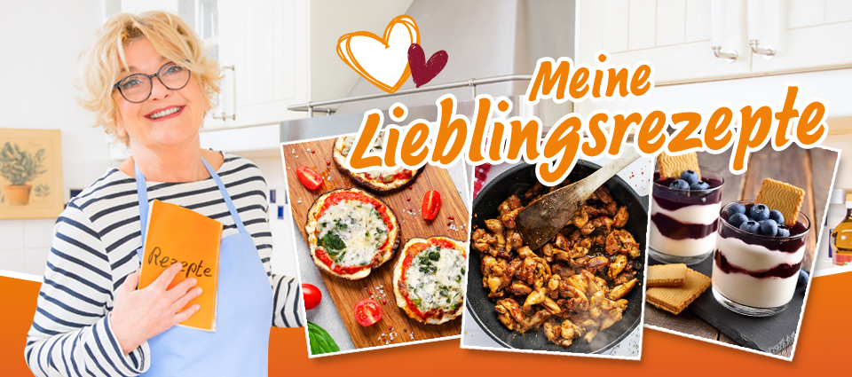 Saskia Vester mit Rezeptbuch und Fotos von Lieblingsgerichten in der Küche