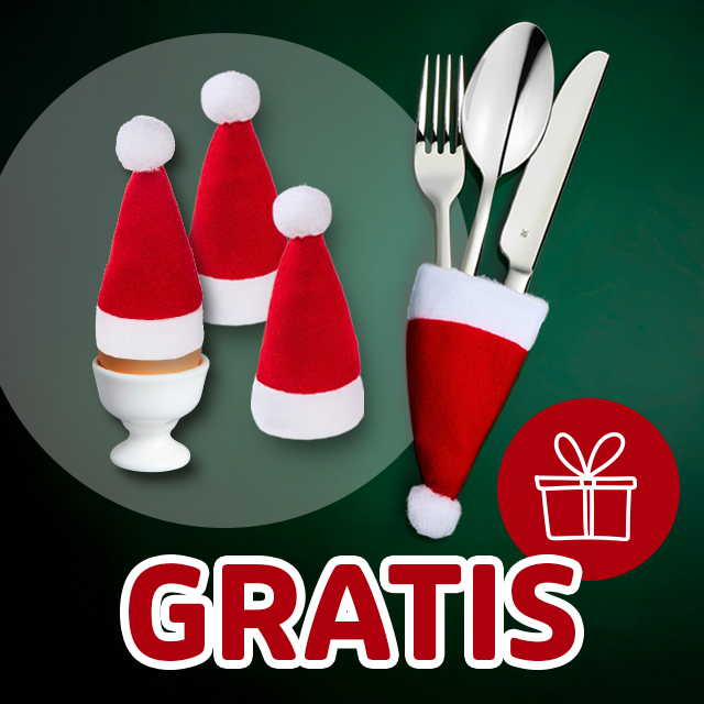 Weihnachtliche Mini-Mützen für Eier und Besteck als kostenlose Zugabe