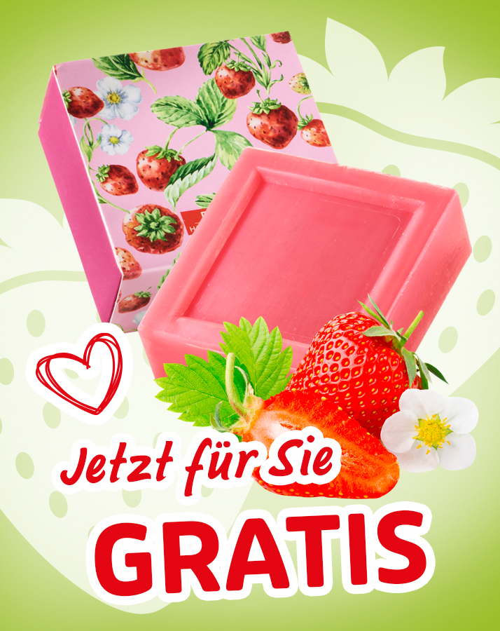 Erdbeerfarbene Seife in passender Geschenkverpackung mit Erdbeermotiv