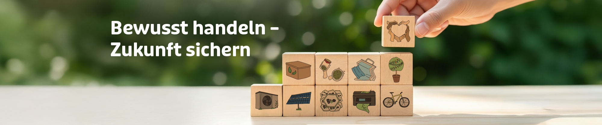 Hand stapelt Holzklötze mit Nachhaltigkeitssymbolen