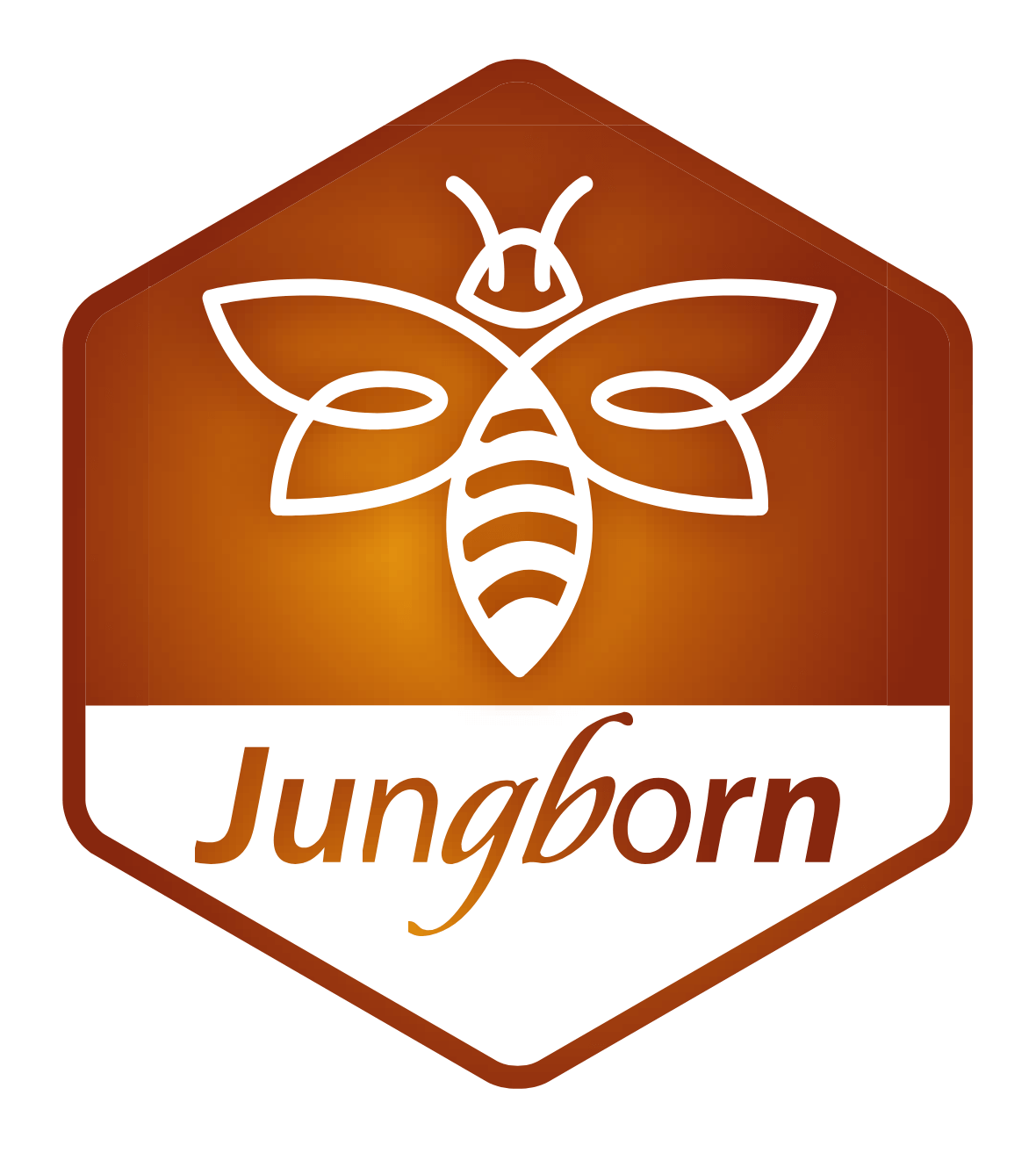Jungborn-Logo mit stilisierter Biene auf sechseckigem Hintergrund