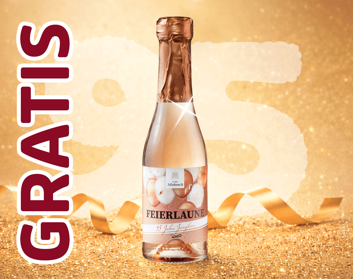 Sektflasche vor goldenem Hintergrund mit „Gratis 95“ Schrift