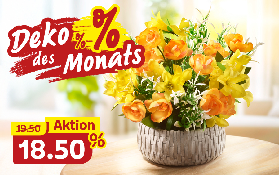 Gelb-orange Blumendeko im Korb – Deko des Monats