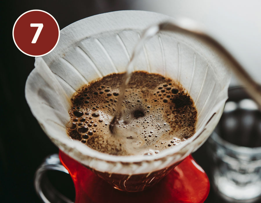 Handfilter mit aufgießendem Wasser und Kaffee