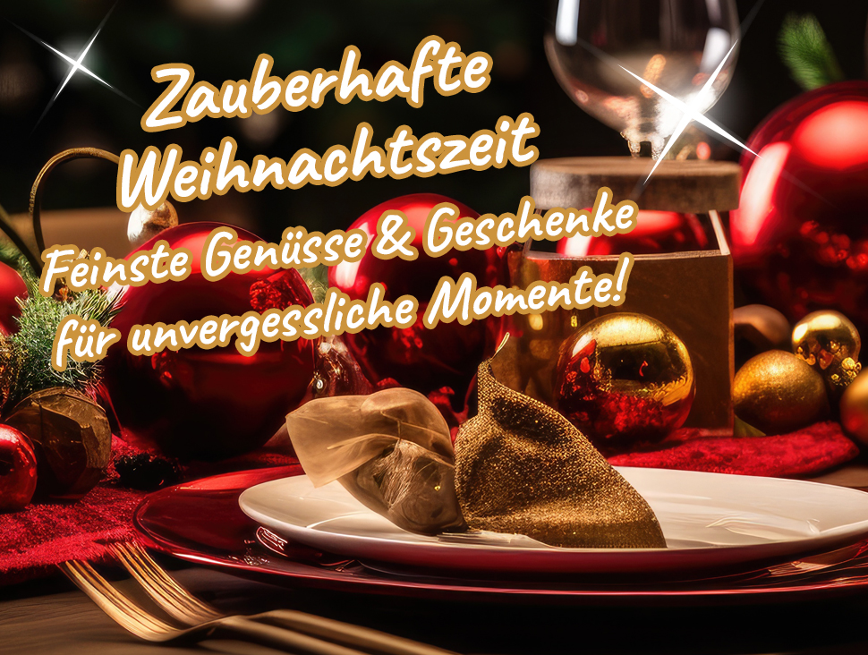 Festlich gedeckter Weihnachtstisch mit Kerzen und roten Kugeln