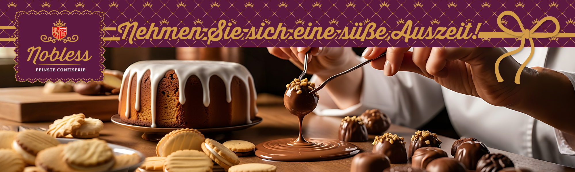 Pralinen werden in Schokolade getaucht neben Kuchen und Keksen