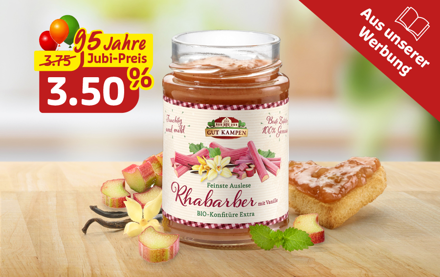 Glas Rhabarber-Vanille-Konfitüre mit Jubiläumspreis von 3,50 Euro