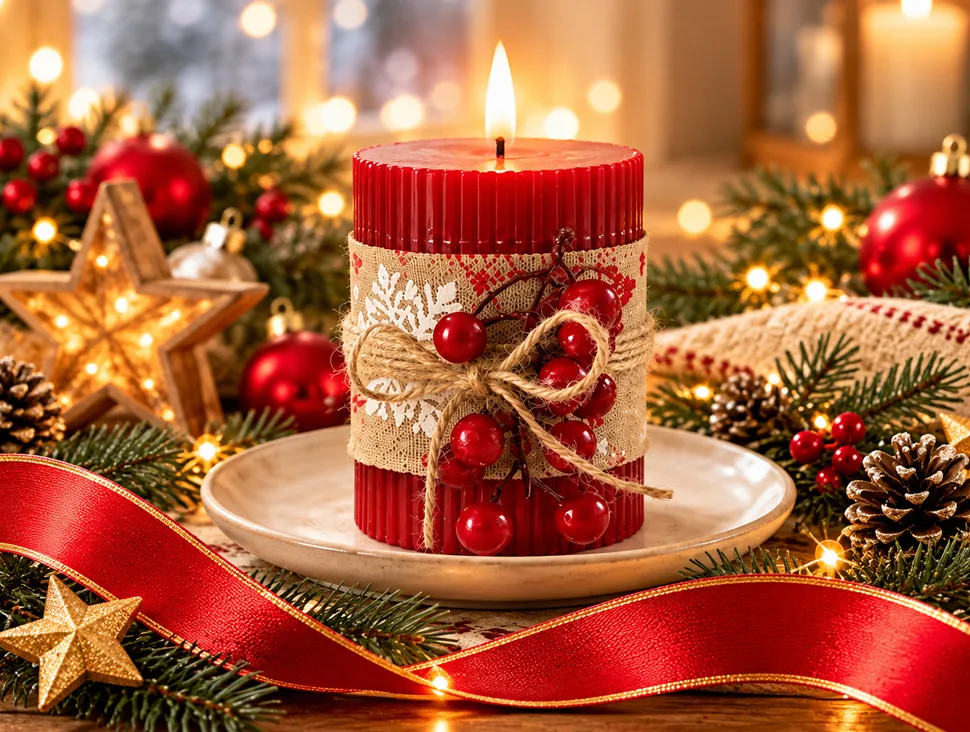Rote Weihnachtskerze mit Beeren, Spitze und Schleife in festlicher Deko