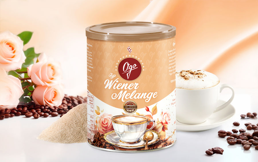 Dose Wiener Melange mit Tasse und Kaffeebohnen