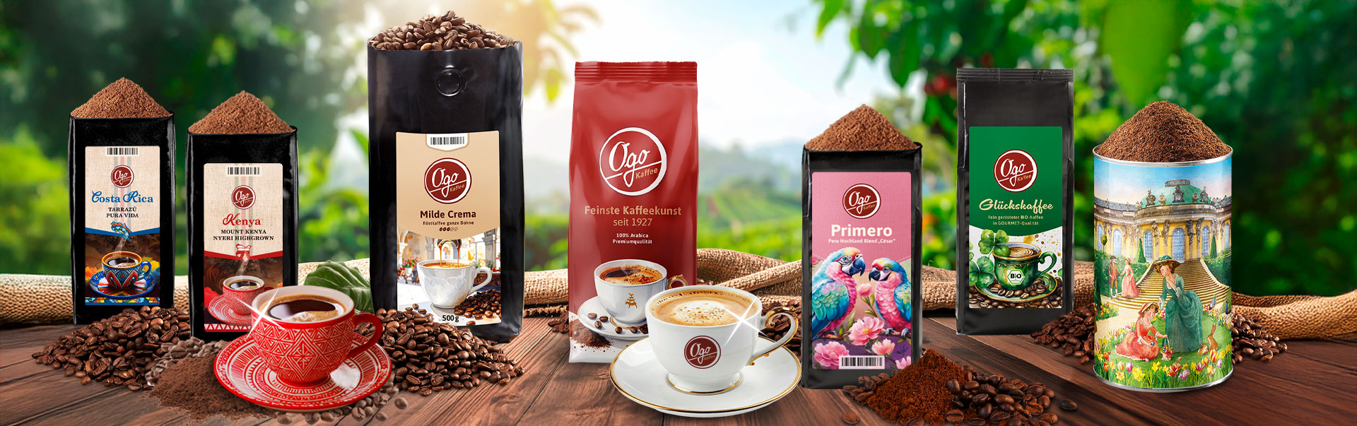 Ogo Kaffee Sortiment mit verschiedenen Verpackungen und Kaffeesorten