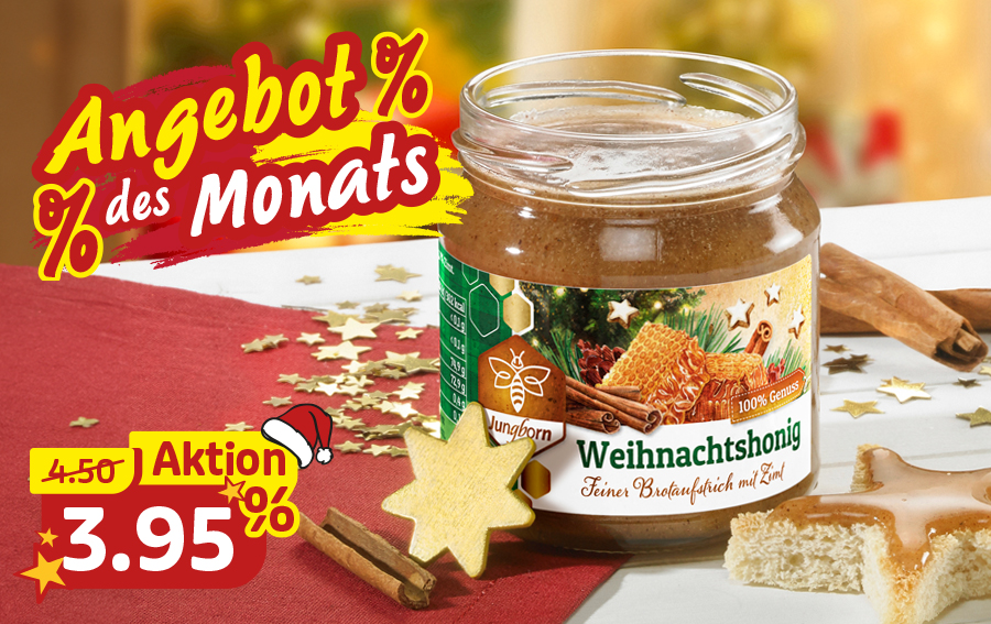 Glas Weihnachtshonig mit Zimt und Sternplätzchen – Angebot des Monats