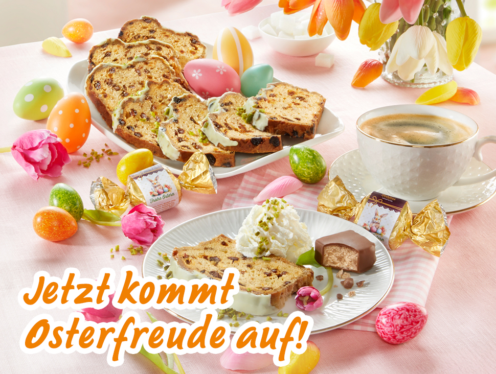 Osterfreude mit Kuchen, Süßigkeiten, Kaffee und bunten Ostereiern
