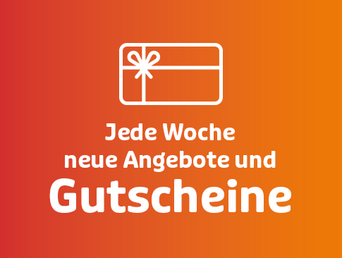 Icon eines Gutscheins mit Text: „Jede Woche neue Angebote und Gutscheine“