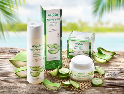 Aloe-Vera-Pflegeset mit Gel und Creme auf Holztisch