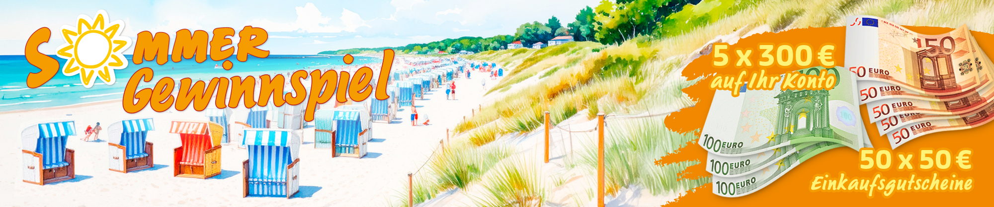 Sommer-Gewinnspiel mit Geldpreisen und Einkaufsgutscheinen am Strand
