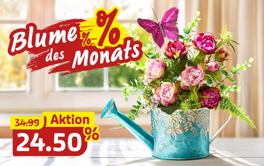 Bunter Blumenschmuck in Gießkanne mit Schmetterling