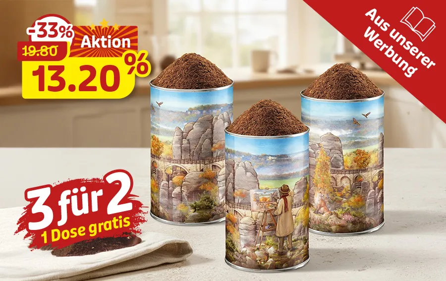 Drei Kaffeedosen mit Malermotiv im 3-für-2-Angebot für 13,20 Euro