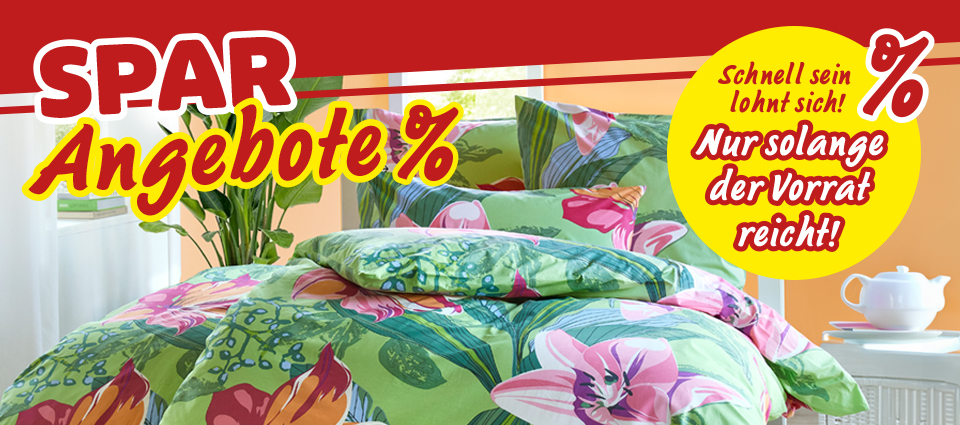 Bettwäsche mit Blumenmuster und Hinweis auf Sparangebote