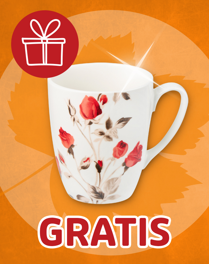 Weiße Porzellantasse mit Rosenmotiv als Gratisartikel