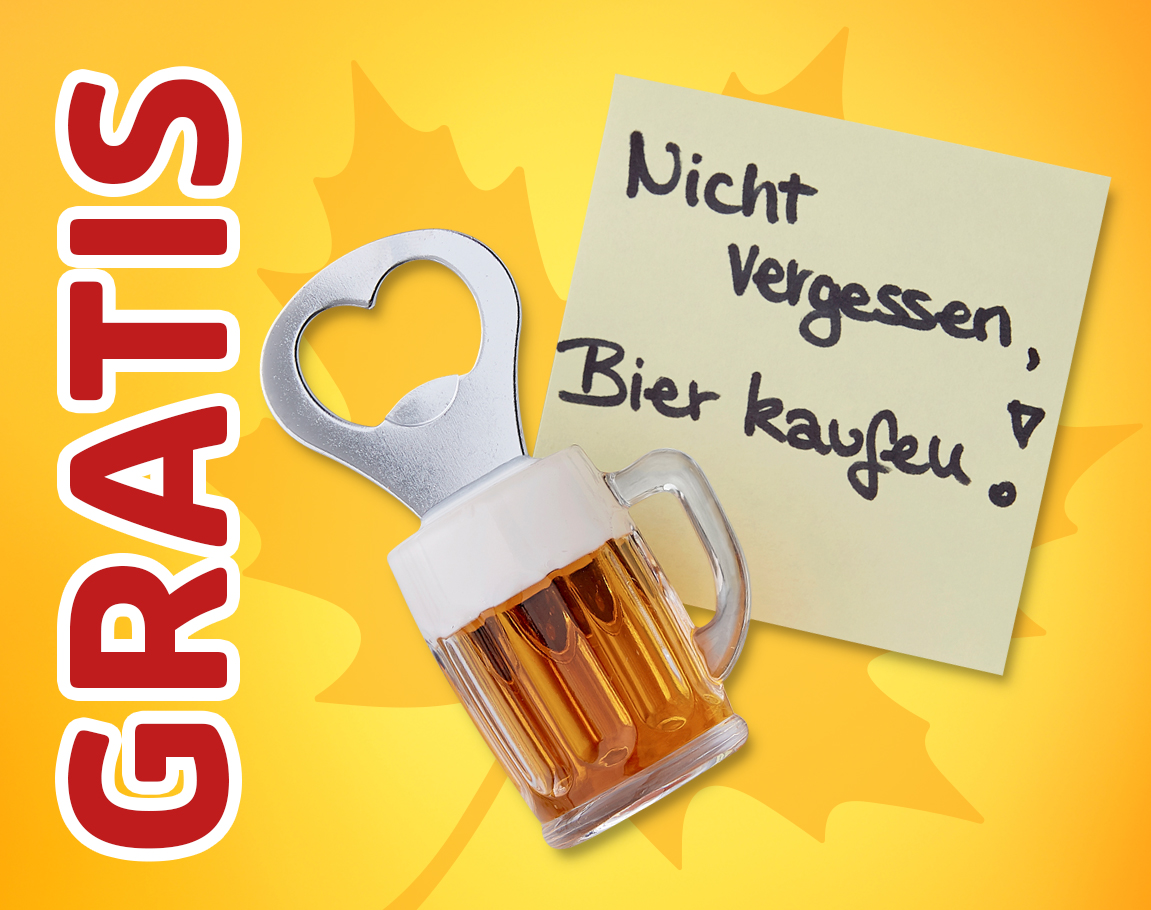 Gratis-Flaschenöffner in Bierkrugform mit Notizzettel
