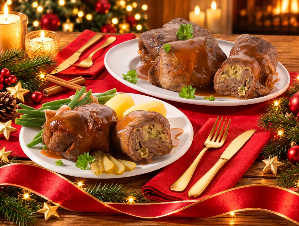 Rinderrouladen mit Soße, Kartoffeln und grünen Bohnen auf Festtagstafel