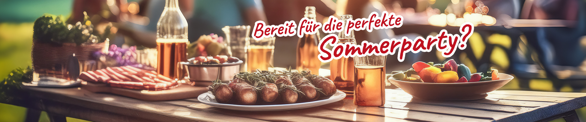Sommerlich gedeckter Tisch mit Grillgut, Getränken und Gemüse im Garten