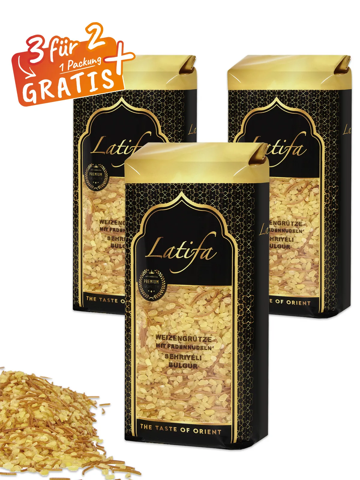 „3 für 2“ Weizengrütze (Bulgur) mit Fadennudeln