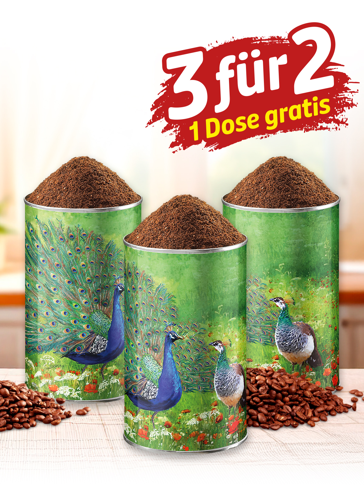 „3 für 2“ Kaffeedose „Pfau“