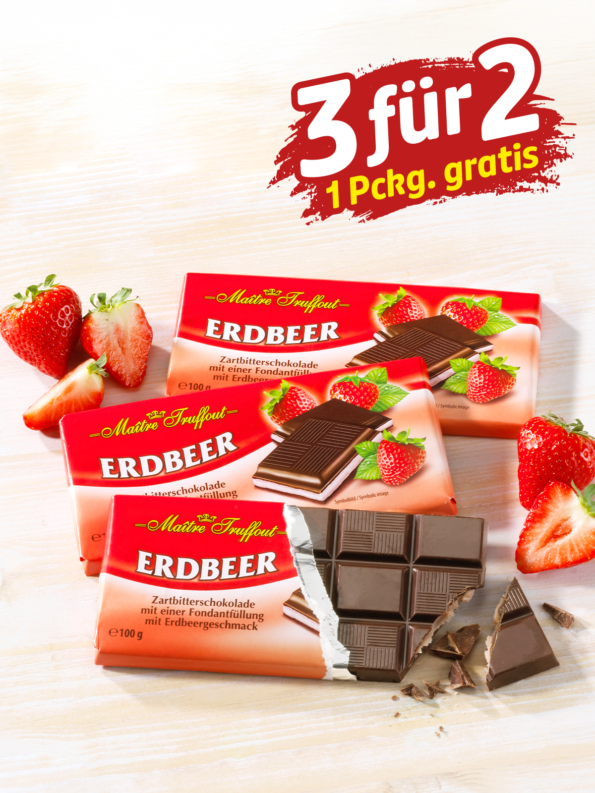 „3 für 2“ Erdbeer-Milchschokolade „3 für 2“ Erdbeer-Milchschokolade
