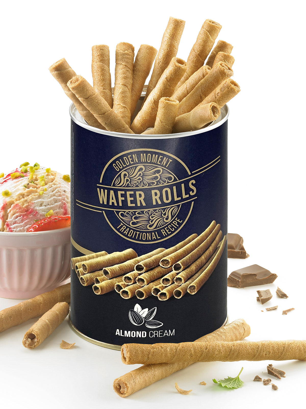 Waffelröllchen Mandelcreme