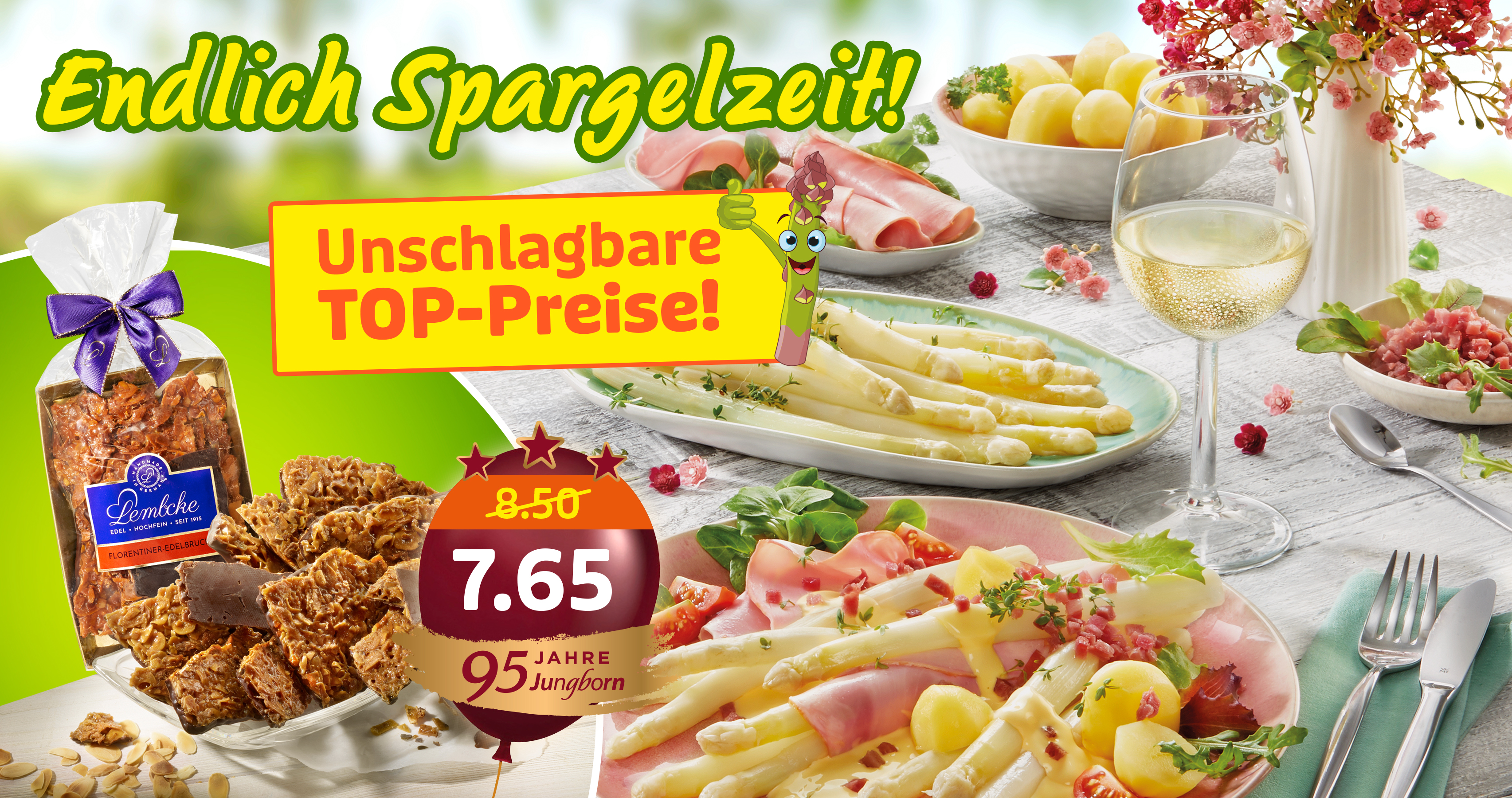 Spargelgericht mit Schinken, Wein und süßen Snacks