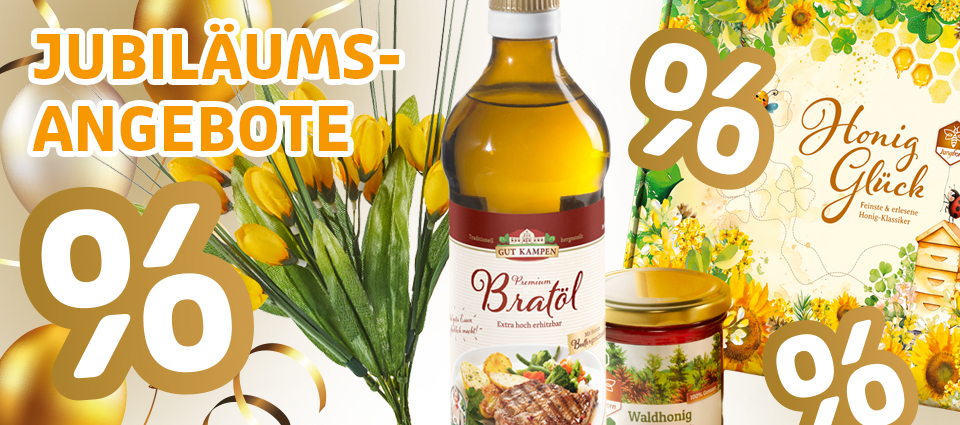Jubiläumsangebote mit Bratöl, Honig und Prozentzeichen vor festlichem Hintergrund