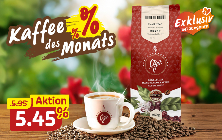 Kaffee des Monats: Ogo Festkaffee mit Tasse und Bohnen